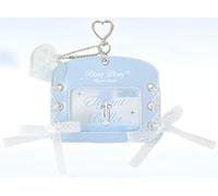 Rosy Ballet Ribbon Kpop Porte-carte photo - Joli porte-badge avec ruban dentelle bicolore, fermoir en métal en forme de cœur et breloque pendentif (5 couleurs, 2 styles) (bleu horizontal)