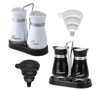 ROSYLEVE 4 PCS salieres et poivrieres avec support et 2 entonnoirs,Acier Inoxydable Salière et Poivrière Set pour Cuisine, Barbecue, Table à Manger, Camping-Car(noir et blanc)
