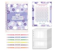 ROSYLEVE Lot de 100 enveloppes Saving Challenge avec 6 surligneurs à deux pointes, classeur à anneaux A5 avec suivi du défi, pour maîtriser le défi et économiser 5 050 $ en 100 jours, violet
