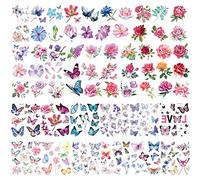 Rosymormor 62/90 Feuilles Papillon Fleurs Éphemere Tatouages pour Femmes Filles, Autocollants Temporaires Tatouage Adulte Corps Art Maquillage Faux Tatouage Fête Anniversaire Halloween Noël (Coloré)