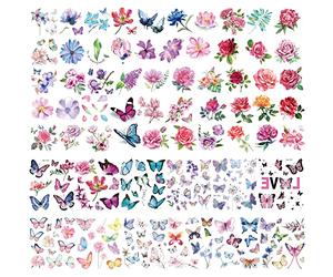 Rosymormor 62/90 Feuilles Papillon Fleurs Éphemere Tatouages pour Femmes Filles, Autocollants Temporaires Tatouage Adulte Corps Art Maquillage Faux Tatouage Fête Anniversaire Halloween Noël (Coloré)