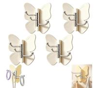 Rotating Butterfly Adhesive Wall Hooks, Cute No-Drill 3-Prong Swivel Hangers with Adjustable Wings,Heavy Duty No-Drill Corner Stick-on Hooks for Bathroom, Kitchen & Entryway (4-White)