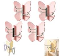 Rotating Butterfly Adhesive Wall Hooks, Cute No-Drill 3-Prong Swivel Hangers with Adjustable Wings,Heavy Duty No-Drill Corner Stick-on Hooks for Bathroom, Kitchen & Entryway (4-Pink)