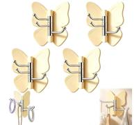 Rotating Butterfly Adhesive Wall Hooks, Cute No-Drill 3-Prong Swivel Hangers with Adjustable Wings,Heavy Duty No-Drill Corner Stick-on Hooks for Bathroom, Kitchen & Entryway (4-Yellow)