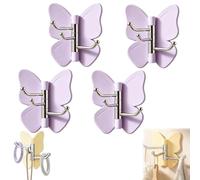 Rotating Butterfly Adhesive Wall Hooks, Cute No-Drill 3-Prong Swivel Hangers with Adjustable Wings,Heavy Duty No-Drill Corner Stick-on Hooks for Bathroom, Kitchen & Entryway (4-Purple)