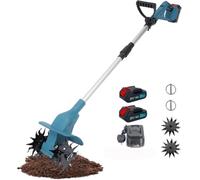 Rotavateur de jardin électrique sans fil, retourneur de sol pliable avec batterie au lithium rechargeable et poignée réglable, largeur de travail de 24,5 cm, profondeur travail 17 cm(Two batteries)