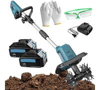 Rotavateur électrique, petite motoculteur de jardin avec 2 batteries au lithium rechargeables et perche télescopique profondeur de travail, largeur de labour pour pelouse et cour