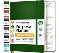 Roterunner Carnet de notes A5 14,7 x 21,1 cm non daté 2025 - Outil de fixation d'objectifs de productivité quotidien, hebdomadaire et mensuel pour adultes - Couverture souple - Vert