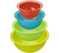 Rotho Caruba Ensemble de 4 pièces comprenant 3 bols et 1 passoire, Plastique (PP) sans BPA, multicolore, (30.0 x 30.0 x 13.0 cm)