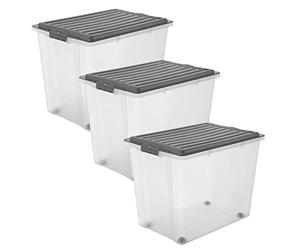 Rotho Compact Ensemble de 3 Boîtes de Rangement 70 l avec Couvercle et Roulet tes, Plastique (PP) sans BPA, Anthracite/Transparent, 3 X 70 l (57,0 X 39,5 X 43,5 cm)