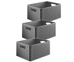 Rotho Country Lot de 3 boîtes de Rangement 18 l Aspect rotin, Plastique (PP) sans BPA, Anthracite, 3 x A4/18L, (36,8 x 27,8 x 19,1 cm), 3