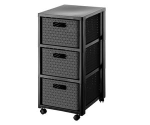 Rotho Country Meuble de rangement 3 tiroirs format A4 3 x 18 L anthracite | Boîte de rangement en plastique, 3 bacs amovibles, 4 roulettes, aspect rotin, format A4, rangement mobile pour la maison