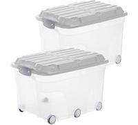 Rotho Roller 6 Ensemble de 2 boîtes de rangement 57l avec couvercle et roulettes, Plastique (PP) sans BPA, transparent/gris, 2 x 57l (60.0 x 40.0 x 37.0 cm)