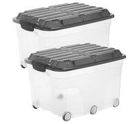 Rotho Roller 6 Ensemble de 2 boîtes de rangement 57l avec couvercle et roulettes, Plastique (PP) sans BPA, transparent/noir, 2 x 57l (60.0 x 40.0 x 37.0 cm)