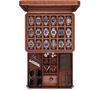 ROTHWELL Boîte à montres 18 emplacements avec tiroir - Boîte à montres de luxe pour homme, dessus en verre véritable, verrouillable, présentoir pour collections (tan/marron)