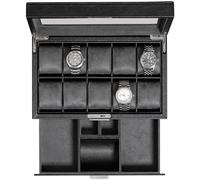 ROTHWELL Boîte à montres à 10 fentes avec tiroir Valet - Ecrins pour montres de luxe, doublure en microsuède ultra douce, porte-bijoux verrouillable avec dessus en verre (Noir/Gris)