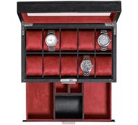 ROTHWELL Boîte à montres à 10 fentes avec tiroir Valet - Ecrins pour montres de luxe, doublure en microsuède ultra douce, porte-bijoux verrouillable avec dessus en verre (Noir/Rougue)