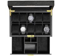 ROTHWELL Boîte à montres à 10 fentes avec tiroir Valet - Ecrins pour montres de luxe, doublure en microsuède ultra douce, porte-bijoux verrouillable avec dessus en verre (Noir/Noir)