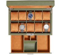 ROTHWELL Boîte à montres à 10 fentes avec tiroir Valet - Ecrins pour montres de luxe, doublure en microsuède ultra douce, porte-bijoux verrouillable avec dessus en verre (Vert/Beige)