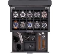 ROTHWELL Boîte à montres en cuir 10 emplacements tiroir valet, organiseur luxe microsuède doux, support bijoux lunettes soleil grand dessus