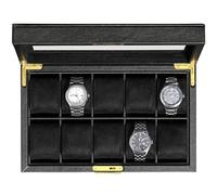 ROTHWELL Boîte à montres en cuir à 10 emplacements - Ecrins pour montres de luxe avec doublure en microsuède ultra douce, support verrouillable avec grand plateau en verre (noir/noir)