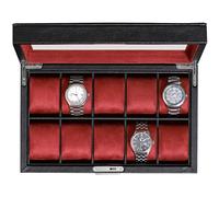 ROTHWELL Boîte à montres en cuir à 10 emplacements - Ecrins pour montres de luxe avec doublure en microsuède ultra douce, support verrouillable avec grand plateau en verre (Noir/Rouge)