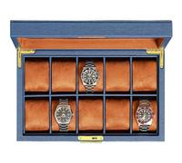 ROTHWELL Boîte à montres en cuir à 10 emplacements - Ecrins pour montres de luxe avec doublure en microsuède ultra douce, support verrouillable avec grand plateau en verre (bleu/beige)