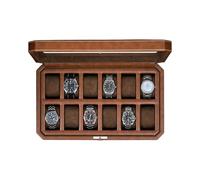ROTHWELL Boîte à montres en cuir à 12 emplacements - Boîte de rangement de luxe pour montres, doublure en microsuède, support verrouillable pour bijoux pour hommes, grande boîte de rangement en verre