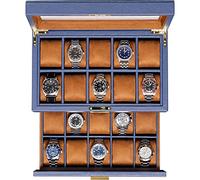 ROTHWELL Boîte à montres en cuir à 20 emplacements - Présentoir de luxe pour bijoux, présentoir verrouillable avec grand dessus en verre véritable - Boîte à montres pour homme et femme (bleu/marron