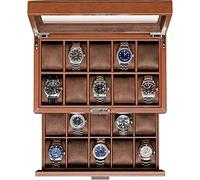 ROTHWELL Boîte à montres en cuir à 20 fentes, Ecrins pour montres, Organisateur de bijoux pour montres de luxe, Présentoir de montres verrouillable avec grand plateau en verre véritable, Marron/Marron