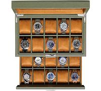 ROTHWELL Boîte à montres en cuir à 20 fentes, Ecrins pour montres, Organisateur de bijoux pour montres de luxe, Présentoir de montres verrouillable avec grand plateau en verre véritable (Vert/Brun)
