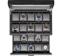 ROTHWELL Boîte à montres en cuir à 20 fentes, Ecrins pour montres, Organisateur de bijoux pour montres de luxe, Présentoir de montres verrouillable avec grand plateau en verre véritable (Noir/Gris)