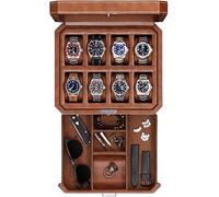 ROTHWELL Boîte à montres en cuir à 8 emplacements avec tiroir - Présentoir verrouillable pour bijoux, dessus en verre véritable - Boîte à montres pour homme et femme