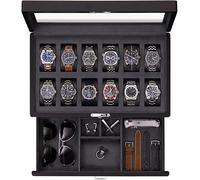 ROTHWELL Boîte à montres noir mat à 12 emplacements avec tiroir de valet - Présentoir à bijoux de qualité supérieure avec dessus en verre verrouillable et doublure en microsuède pour homme et femme