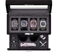 ROTHWELL Boîte à montres noire mate à 4 emplacements avec tiroir de valet - Présentoir à bijoux de qualité supérieure avec dessus en verre verrouillable et doublure en microsuède pour homme et femme