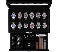 ROTHWELL Boîte à montres noire piano à 12 emplacements avec tiroir de valet - Présentoir à bijoux de qualité supérieure avec dessus en verre verrouillable et doublure en microsuède pour homme et femme