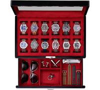 ROTHWELL Boîte à montres noire piano à 12 emplacements avec tiroir de valet - Présentoir à bijoux de qualité supérieure avec dessus en verre verrouillable et doublure en microsuède pour homme et femme