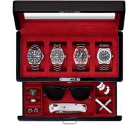 ROTHWELL Boîte à montres noire piano à 4 emplacements avec tiroir de valet - Présentoir à bijoux de qualité supérieure avec dessus en verre verrouillable et doublure en microsuède pour homme et femme