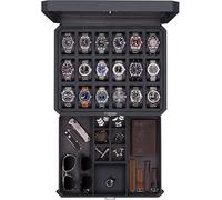 ROTHWELL Boîtier de montre à 18 emplacements avec tiroir - Boîte à montres de luxe pour homme, dessus en verre véritable, verrouillable, vitrine pour collections (carbone)