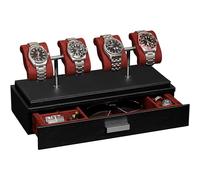 ROTHWELL Vitrine de luxe pour 4 montres - Ecrins pour montres en cuir avec couvercle en acrylique et coussins coulissants amovibles - Tiroir d'accessoires avec plusieurs configurations (noir/rouge)
