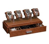 ROTHWELL Vitrine de luxe pour 4 montres - Ecrins pour montres en cuir avec couvercle en acrylique et coussins coulissants amovibles - Tiroir d'accessoires avec plusieurs configurations (marron)