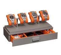 ROTHWELL Vitrine de luxe pour 4 montres - Ecrins pour montres en cuir avec couvercle en acrylique et coussins coulissants amovibles - Tiroir d'accessoires avec plusieurs configurations (gris/orange)
