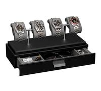 ROTHWELL Vitrine de luxe pour 4 montres - Ecrins pour montres en cuir avec couvercle en acrylique et coussins coulissants amovibles - Tiroir d'accessoires avec plusieurs configurations (noir/gris)