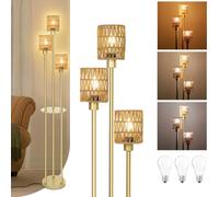 Rotin Lampadaire Salon, Boho Avec Étagère, Vintage 3-Flamme Standing Lamp Led Variable Industriel Coin Lampadaire Pour Chambre Bureau Déco, Or