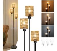 Rotin Lampadaire Salon, Boho Avec Étagère, Vintage 3-Flamme Standing Lamp Led Variable Industriel Coin Lampadaire Pour Chambre Bureau Déco