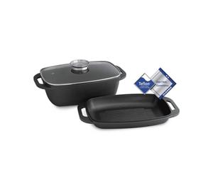 Rôtissoire, Roaster, Cocotte ovale en fonte d'aluminium avec couvercle en verre et bouton aroma intégré, purge à vapeur, antiadhésif - 7 litres avec couvercle de gril supplémentaire