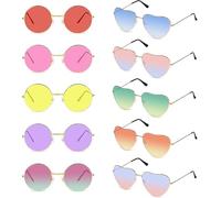 ROTKUSZ 10 Paires Lunettes de Fête, Lunettes en Forme de Coeur + Lunettes de Soleil Rondes, Lunettes Vintage Hippie de Couleur, Lunettes de Fête Décoratives