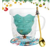 ROTKUSZ Tasse de Noël en verre, tasse à café à double paroi en forme de sapin de Noël, tasse de Noël avec couvercle, verres isothermes à double paroi, tasse à lait en verre pour Noël, cadeau