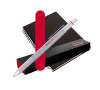 rOtring 600 Stylo et porte-mine multicolore 3 en 1 | Corps argenté | Bille (encre noire et rouge) + crayon 0,5 mm | Coffret cadeau + carnet à spirale A5 + pochette en velours