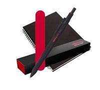 rOtring 600 Stylo et porte-mine multicolore 3 en 1 | Corps noir | Stylo à bille (encre noire et rouge) + crayon 0,5 mm | Coffret cadeau + carnet à spirale A5 + pochette en velours